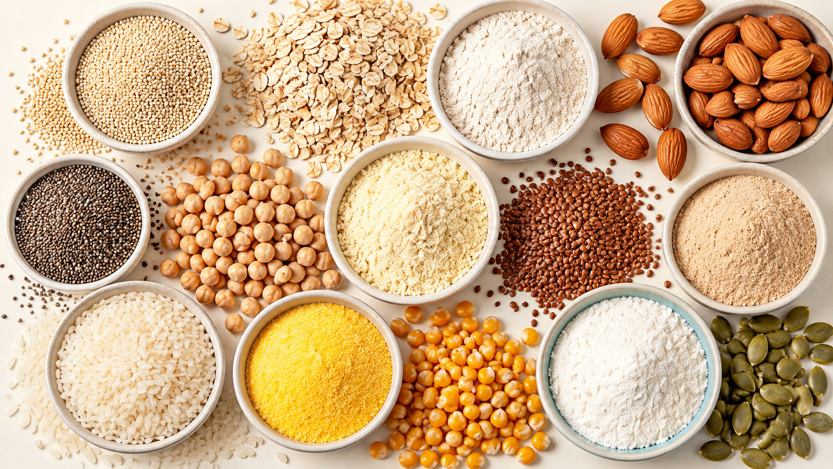 Granos, legumbres, harinas, cereales y frutos secos dispuestos junto a recipientes claros