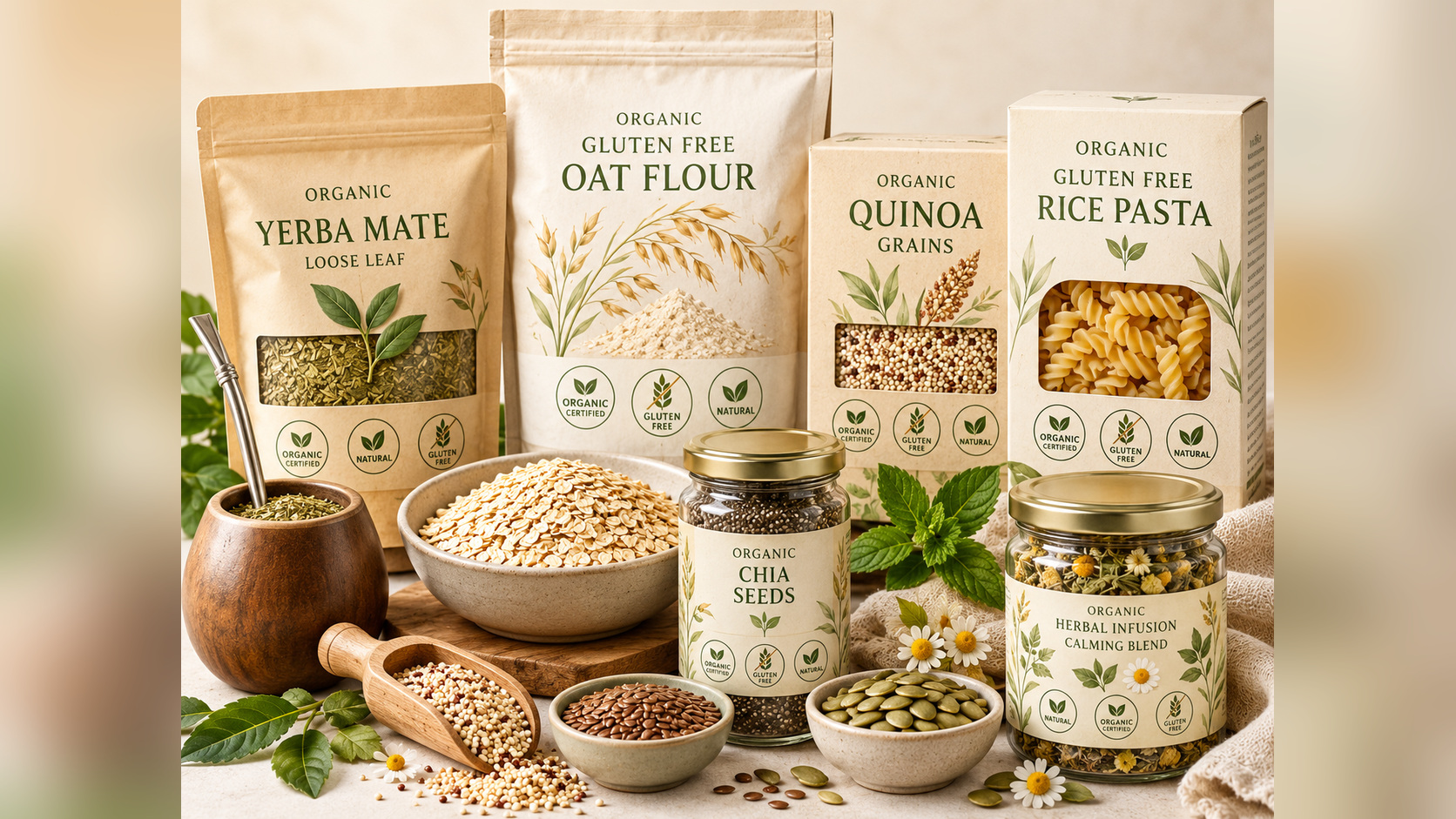 Presentación ilustrativa de quinoa, avena, semillas de chía y pasta de arroz